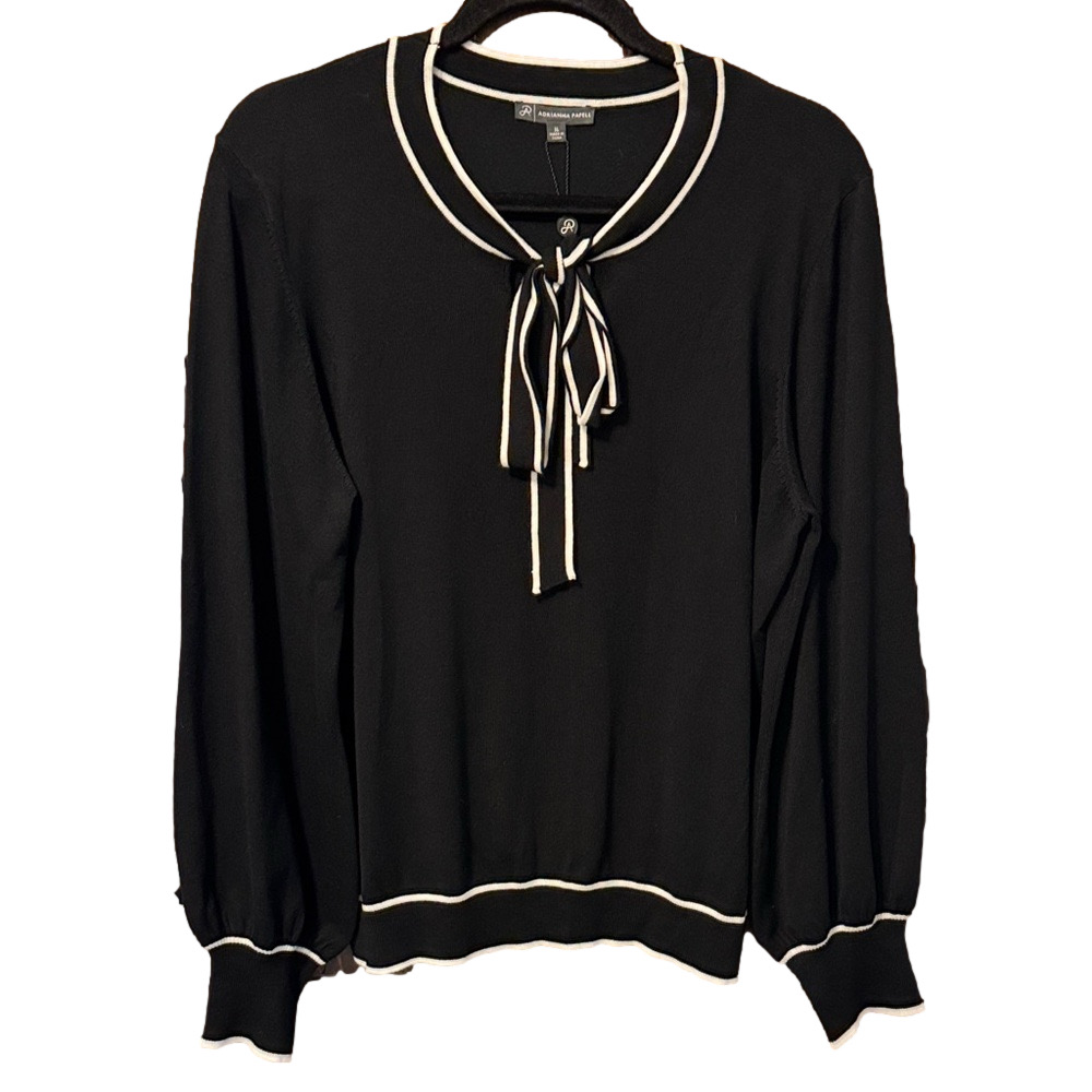 Adrianna Papell Black Sweater with Cream Trim and Tie Neck